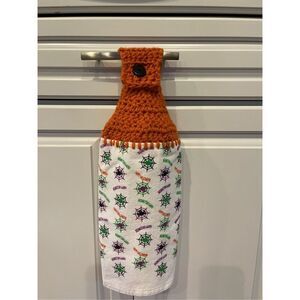 Crochet Top Kitchen Towel. Happy Halloween spiders